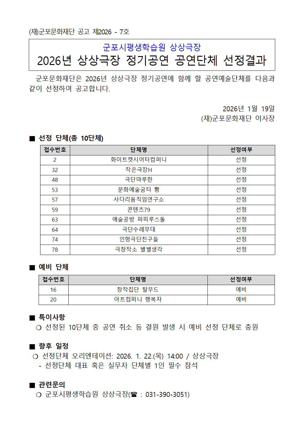 2026년 상상극장 정기공연 공연단체 선정결과