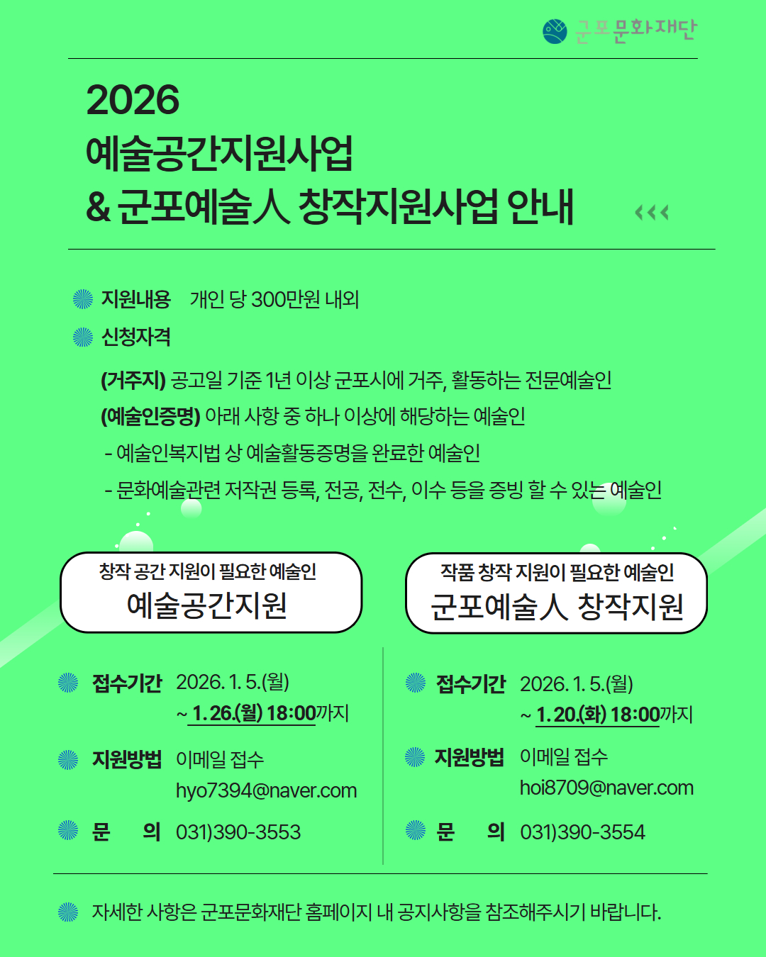 [군포문화재단] 군포문화재단, 예술인 창작환경 강화를 위한 지원사업 공모